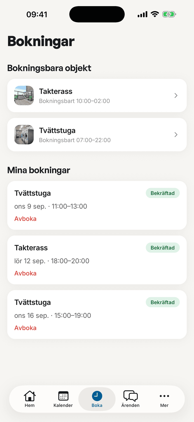 Bokningsbara objekt och medlemmens egna bokningar
