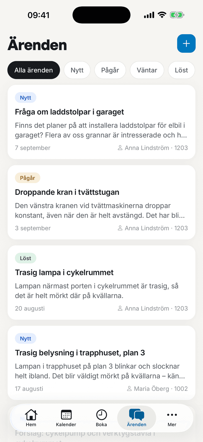 Alla föreningens ärenden med statusfilter