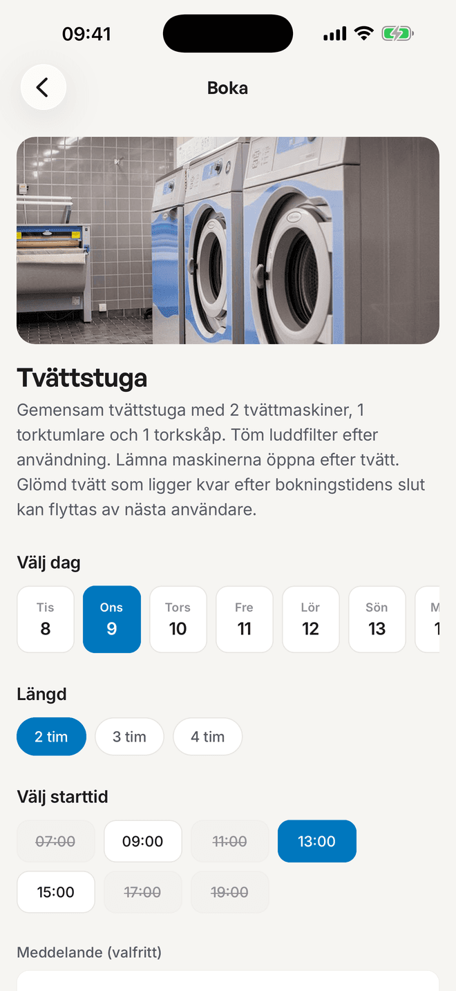 Bokning av tvättstuga med val av dag, längd och lediga tider