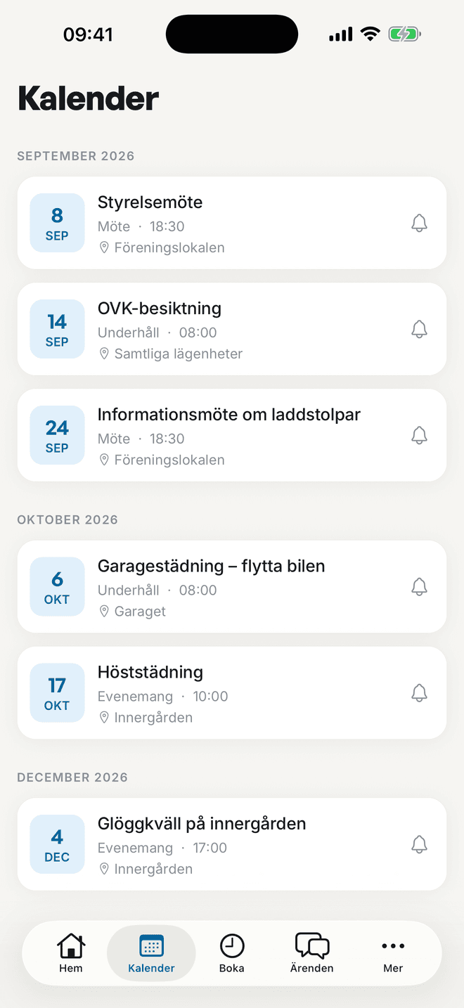 Kalender med föreningens kommande händelser