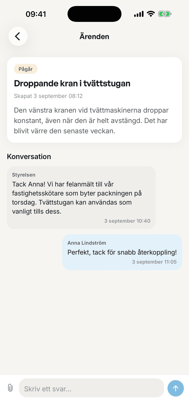 Ett ärende med konversation mellan medlem och styrelse